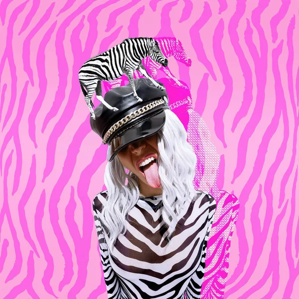 Samtida Digital Funky Minimal Collage Affisch Snygg Känslosam Fest Zebra — Stockfoto