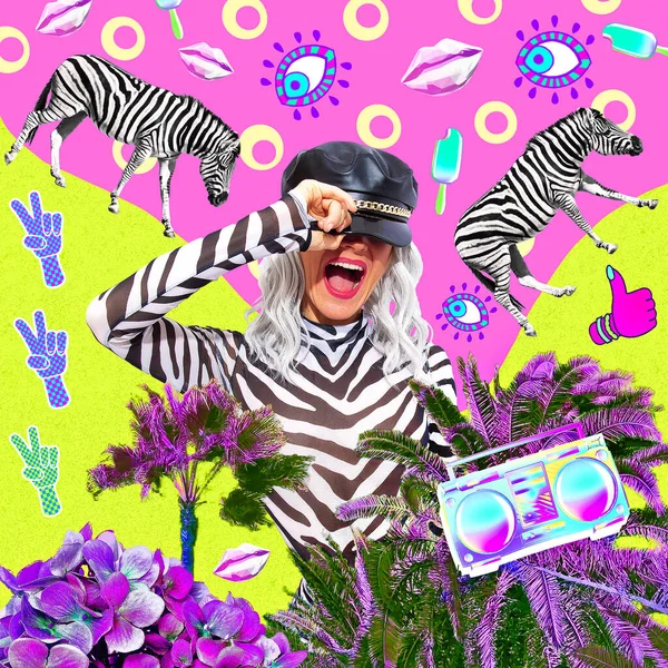 Současný Digitální Funky Minimální Kolážový Plakát Šťastná Emocionální Párty Zebra — Stock fotografie