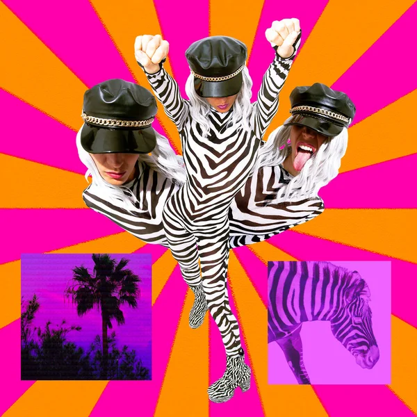 Kortárs Digitális Funky Minimális Kollázs Poszter Party Érzelmi Zebra Lányok — Stock Fotó