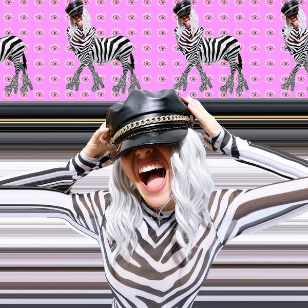 Samtida Digital Collage Affisch Konst Känslomässig Zebra Flicka Djurtryck Utrymme — Stockfoto