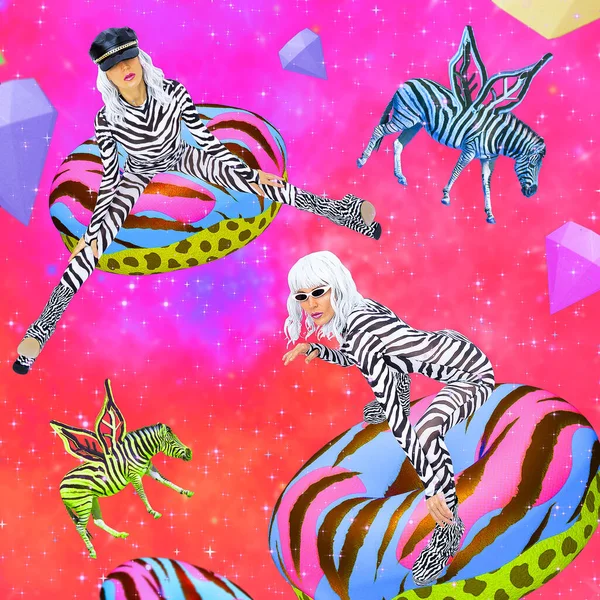 Arte Contemporáneo Póster Collage Digital Party Zebra Chicas Volando Donut — Foto de Stock