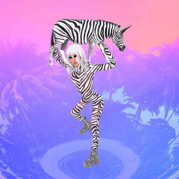 Kortárs Digitális Funky Minimális Kollázs Poszter Lány Zebra Szerető Trópusi — Stock Fotó