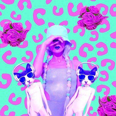 Çağdaş dijital kolaj sanatı. 90 'lardaki kız. Pop zine minimum kültür. Moda yaz tatili parti ortamı