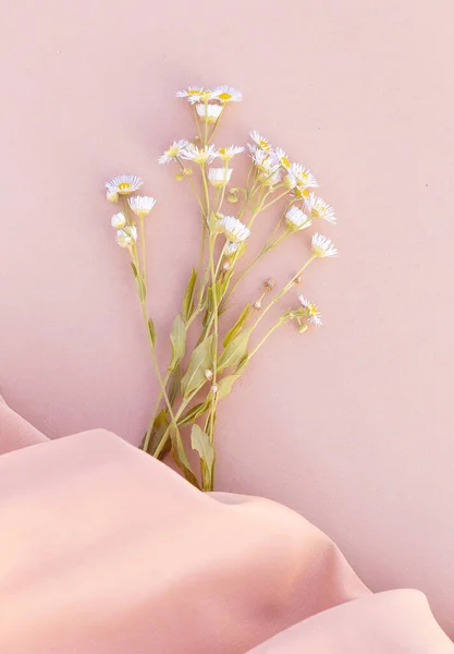 Chamomile Bouquet Silk Fabric Background Aesthetic Minimal Wallpaper Stylish Summer — Stockfoto
