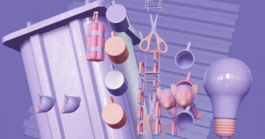 En az 3D sanat eseri. Geometrik tasarım uzayında hareketli stil hippi nesneleri. Renkli kombinasyon döngüsü hareketi, 4k video.