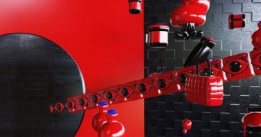 En az 3D sanat eseri. Geometrik tasarım uzayında hareketli stil hippi nesneleri. Renkli kombinasyon döngüsü hareketi, 4k video.