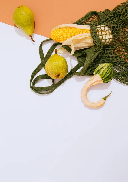 Αγορές Φαγητού Χωρίς Συσκευασία Οικολογική Φυσική Τσάντα Βιολογικό Καλαμπόκι Κολοκύθα Φωτογραφία Αρχείου