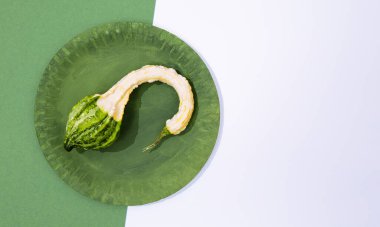 Taze minimalist sahne. Yeşil tabakta organik balkabağı ve kağıt geometri arka planı. Sıfır atık, biyoloji, çevre, vegan konsept. Gösterişli düz pankart