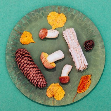 Sonbahar minimalist sahnesi. Sonbahar dekoru mantarları ve yeşil tabakta yaprak ve kağıt arka plan. Mevsimsel konsept. Kaliteli düz yatak