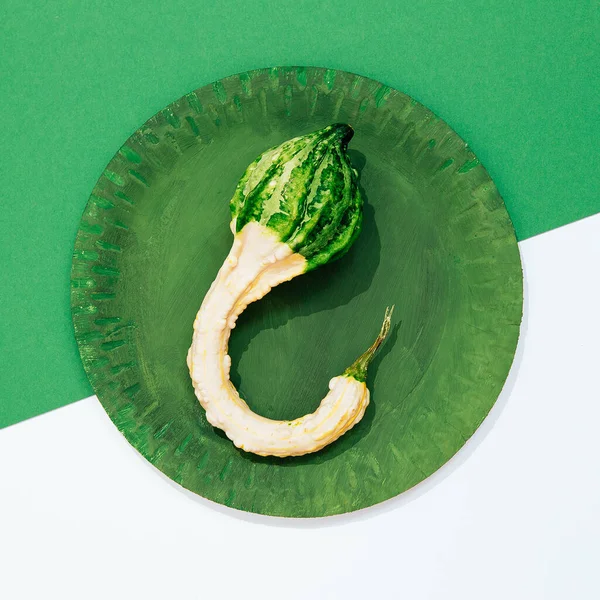 Taze minimalist sahne. Yeşil tabakta organik balkabağı ve kağıt geometri arka planı. Sıfır atık, biyoloji, çevre, vegan konsept. Gösterişli düz pankart