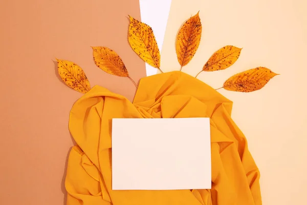 Outono Inverno Fundo Minimalista Outono Folha Decoração Tecido Seda Amarela — Fotografia de Stock