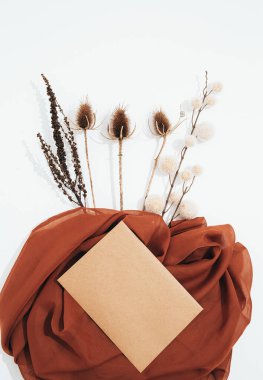 Kış mevsiminde rahat bir arka plan oluşturun. Sonbahar brunch dekoru ve tekstil. Moda bej kahverengi renk tonları. Minimalist mevsimlik estetik düz duvar kağıdı