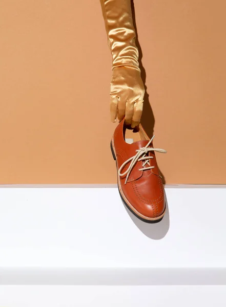 流行のヴィンテージの服 スタイリッシュなベージュの幾何学的な空間でエレガントな手袋と靴 ショッピング オンラインストアのアイデア ファッションブロガーのための理想的なコンセプト — ストック写真