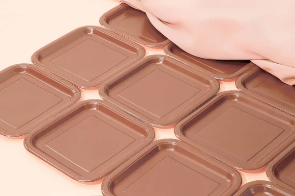 Stylish Chocolate Creme Brulee Banner Plastic Plate Textile Background — Stock Photo, Image