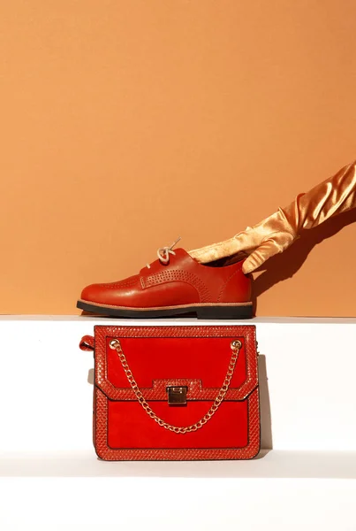 Trendy Vintage Kleding Elegante Handschoenen Fluwelen Koppeling Schoenen Stijlvolle Beige — Stockfoto