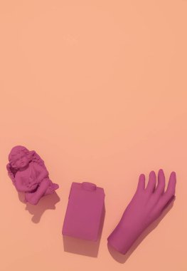 Moda soyut nesneleri, melekleri, paketleri, bej rengi monokrom arka planı. Boşluğu dikey duvar kağıdını kopyala