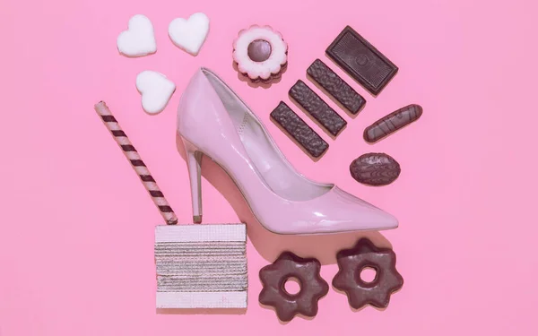 Chocolate Candy Cookies Mix Lady Heels Shoes Diet Addict Calorie — Foto de Stock