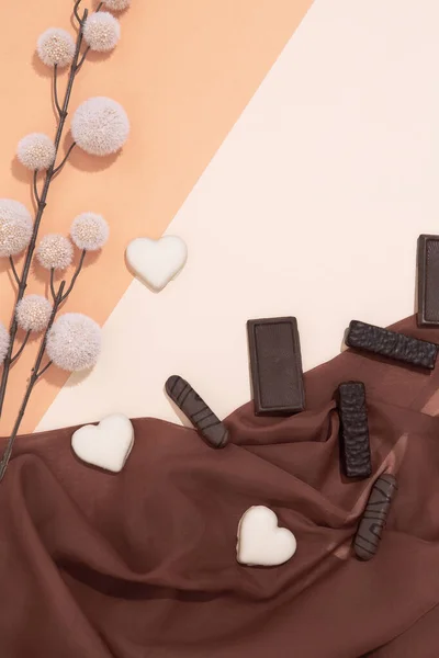 Mélange Bonbons Chocolat Textile Déco Marron Bonbons Choco Concept Amoureux — Photo