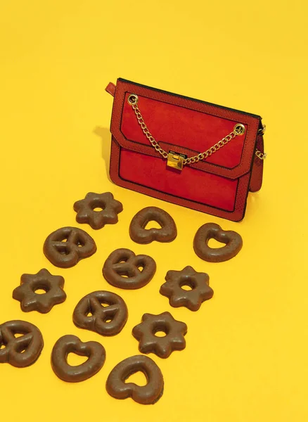 Chocoladekoekjes Set Vintage Clutch Tas Sweets Choco Lover Concept Minimaal — Stockfoto