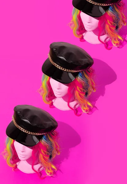Dummy Fashion Retro Girls Stylish Leather Cap Wig Hairs Party — Stock Photo, Image