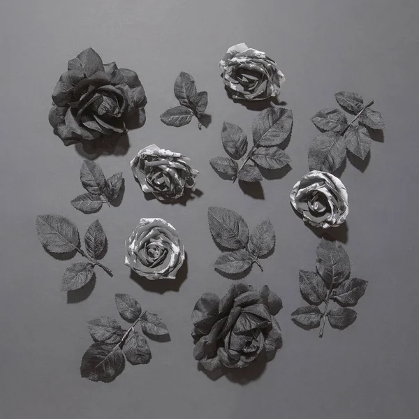 Черные Цветы Розы Композиция Декора Монохромном Фоне Стильная Плоская Сцена — стоковое фото
