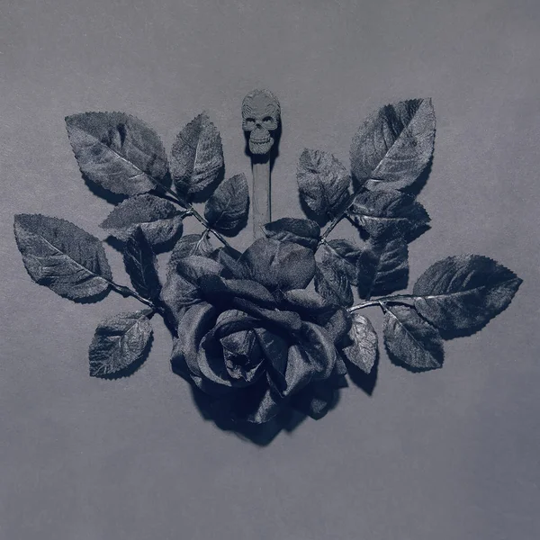 Schwarze Blumen Rosen Dekor Und Totenkopf Komposition Auf Monochromen Hintergrund — Stockfoto