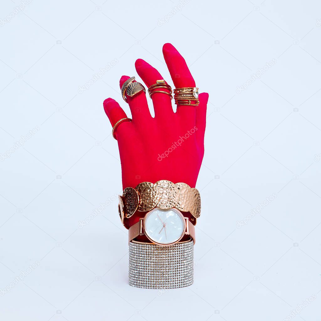 Plastic hand in fashion jewelry accessories. Stylish fashion concept