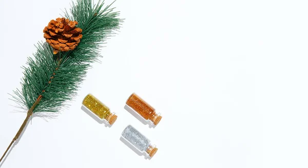 Spruce Branch Bottle Glitter White Winter Space New Year Holiday — Stock Photo, Image