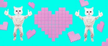 Şık kolaj afişi. Baş parmağı havada ve kalbi olan komik kedi karakteri. Sosyal ağlar, tanıtım kavramı