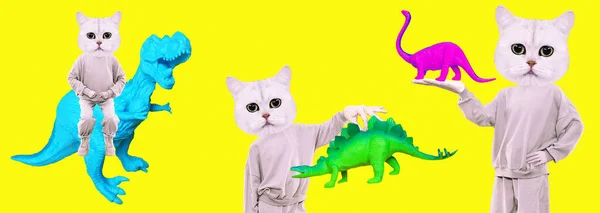 Snygga Kitty Tecken Och Dinosaurier Begreppsmässig Minimal Collage Scen Ego — Stockfoto