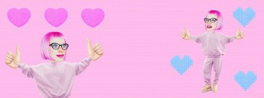 Şık kolaj afişi. Komik bayan karakteri, parmaklar yukarı ve kalpler yukarı. Sosyal ağlar, çevrimiçi dükkan, tanıtım konsepti