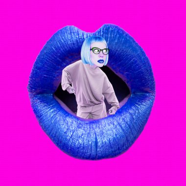 Komik kolaj sahnesi. Komik sinirli kız karakteri ve dudakları.