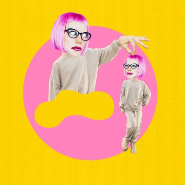 Komik kolaj sahnesi. Komik mutsuz kız karakteri senin küçük bir versiyonunu tutuyor. Sosyal ağlar, kurslar, istişareler, koçluk, kişilik psikolojisi konsepti