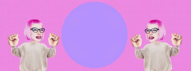 Komik kolaj sahnesi. Geometrik arkaplanda Çizgi Kız karakterleri