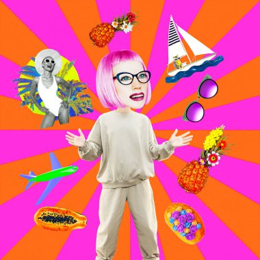 Komik kolaj sahnesi. Mutlu Çizgi Kadın karakteri tatilin hayalini kurar