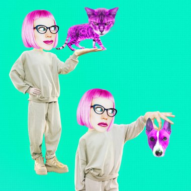 Komik kolaj sahnesi. Mutlu Çizgi Kadın karakteri kediyi seviyor ve köpeği sevmiyor. Evcil hayvanlar, evcil hayvanlar, kedi severler, psikoloji konsepti.