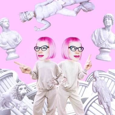 Komik kolaj sahnesi. Mutlu Çizgi Roman Kızı karakteri tatil, müzeler ve seyahat hayalleri kurar