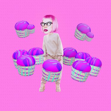 Komik kolaj sahnesi. Çizgi Roman Kız karakteri ve tatlı bir yer. Moda yemek blogcuları için ideal yemek tarifleri, diyet. Sosyal ağlar, gıda tanıtım kavramı.