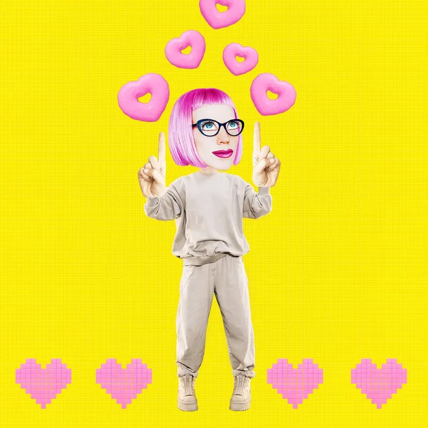 Stilvolle Collage Szene Lustige Lady Mit Herz Soziale Netzwerke Promotionkonzept — Stockfoto