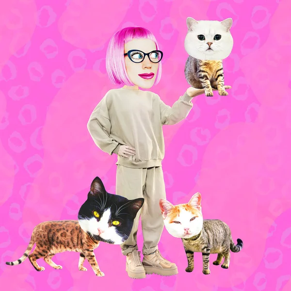 Funny Collage Scene Happy Comic Lady Character Cats Pets Relationship — Stock Photo, Image
