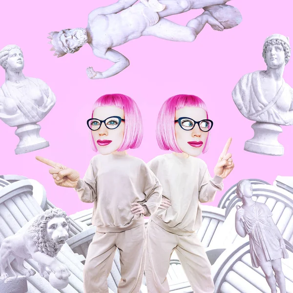 Komik kolaj sahnesi. Mutlu Çizgi Roman Kızı karakteri tatil, müzeler ve seyahat hayalleri kurar