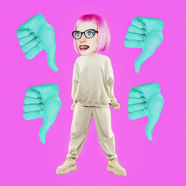 Funny Collage Scene Comic Girl Character Thumbs Dislike Social Networks — Stock Photo, Image