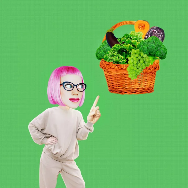 Lady Caractère Avec Panier Vert Légumes Collage Minimal Aliments Végétaux — Photo