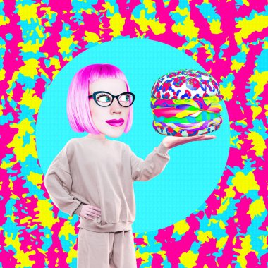 Komik kolaj sahnesi. Orijinal burgerli çizgi roman karakteri. Moda yemek blogcuları için ideal yemek tarifleri, diyet. Sosyal ağlar, gıda tanıtım kavramı.