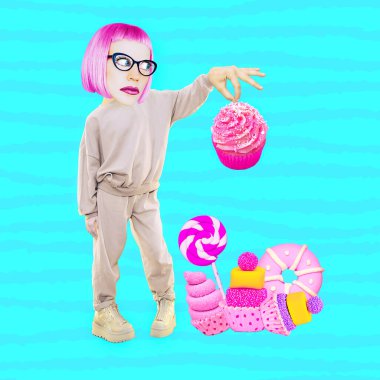 Modaya uygun çizgi roman karakteri. Kavramsal minimal kolaj. Sağlıksız yiyecekler, diyet, kalori, yeme bozuklukları. Tatlı bağımlı aşık