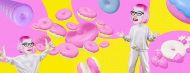 Minimum kolaj afişi. Tatlı çörek uzayındaki komik komik bayan karakterler. Sosyal ağlar, promosyon konsepti, beğeni. Partiler, doğum günleri, tatiller