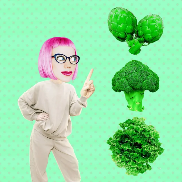 Comic Girl Postać Przejść Wegańskie Jedz Zielone Warzywa Minimalną Sztukę — Zdjęcie stockowe