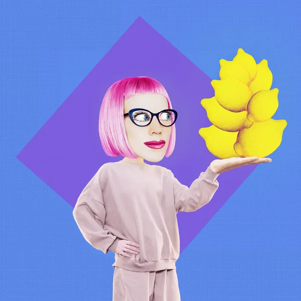Comic Girl Personnage Mangez Citrons Art Collage Minimal Aliments Végétaux — Photo