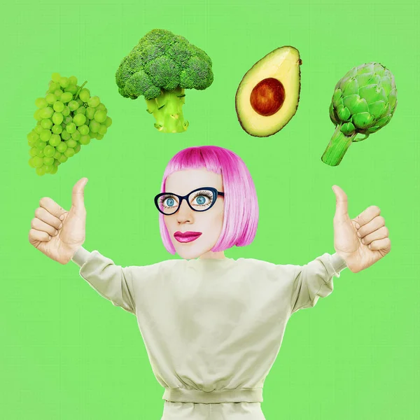 ハッピーコミックビーガンガールキャラクター果物や野菜を食べる 最小限のコラージュアート 健康的な植物食品 バイオ 新鮮なビタミンの概念 — ストック写真