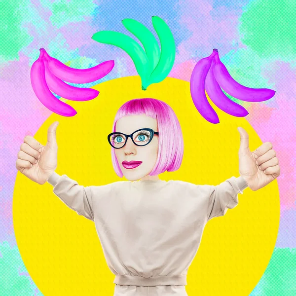 Comic Girl Character Love Bananas Minimal Collage Healthy Plant Foods — Stock Photo, Image